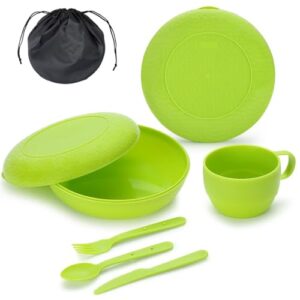 Camping-Besteck-Set mit Schüssel, Teller, Tasse, Löffel, Gabel, Messer und Tragetasche für Reisen und Picknick