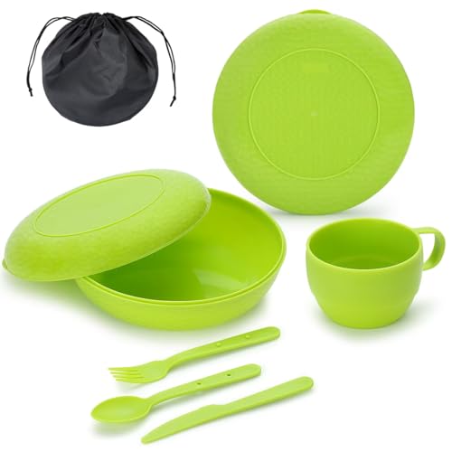 Camping-Besteck-Set mit Schüssel, Teller, Tasse, Löffel, Gabel, Messer und Tragetasche für Reisen und Picknick