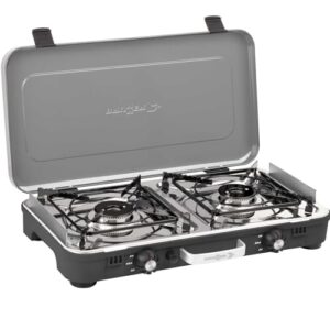 BRUNNER Tisch Camping-Kocher 2-flammig Edelstahl Gasgrill & Gaskocher - POWERKOOK 50mbar - mit Gasregler + Gaschlauch 1 Meter für Wohnwagen, Wohnmobil, Boot. 2-flammiger Campingkocher aus Edelstahl mit Gasregler und Gaschlauch.