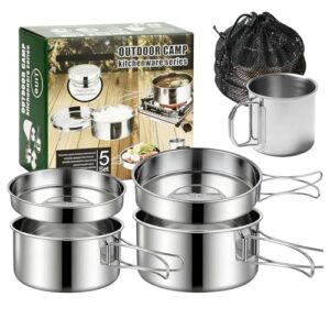 Camping Kochgeschirr Set, 5-teiliges Edelstahl Camping Kochset mit Deckel und Griff für Outdoor-Aktivitäten wie Wandern, Picknick und Reisen
