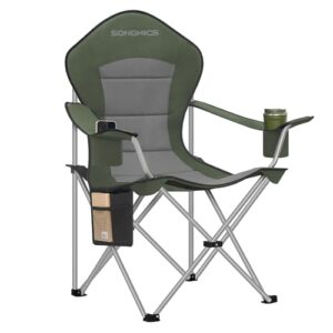 Campingstuhl mit breitem Sitz und hoher Rückenlehne, grün-grauer Klappstuhl für Outdoor-Nutzung mit Getränkehalter und Handyhalter sowie Stoff-Organizer