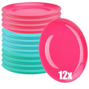 Wiederverwendbare kunststoffteller in bunten Farben - 12 Stück - grün/türkis/pink