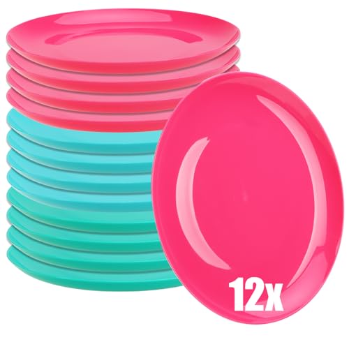 Wiederverwendbare kunststoffteller in bunten Farben - 12 Stück - grün/türkis/pink