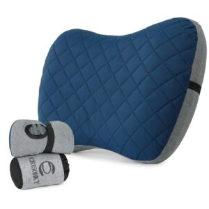 Campingkissen, Aufblasbares Kissen für Rucksacktouren und Flugzeug, Lendenwirbelstütze 2.0, Ultraleicht, Komprimierbar, Ergonomisch, Pazifikblau mit Bezug.