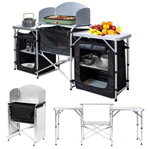 Kompakte Outdoor-Küche mit Aluminium-Tischplatte, Spritzschutz und Staufächer für Camping, Garten und Freizeitaktivitäten
