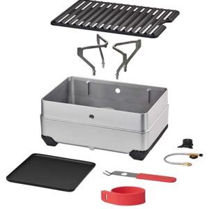 Multifunktionales Campinggerät mit Grill und Kochfunktion, edelstahlfertig, keramikbeschichtete Grillrostplatte, platzsparend und sicher für Outdoor-Kochen