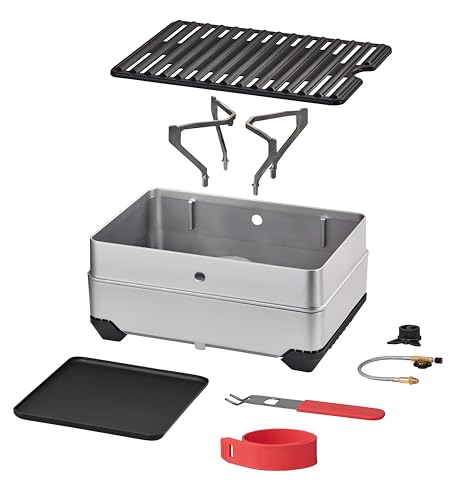 Multifunktionales Campinggerät mit Grill und Kochfunktion, edelstahlfertig, keramikbeschichtete Grillrostplatte, platzsparend und sicher für Outdoor-Kochen