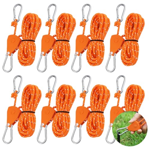 Flaschenzug mit Seilbremse für Camping und Zelte, 8 Stück, 4m Seilratsche, Einstellbar, Abspannseile φ 4mm, Seilspanner mit Karabiner