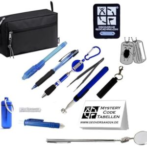 Geocaching Anfänger Set mit wasserabweisender Tasche, Magnetheber, Pinzette, Zeckenzange, Mysteryplaner, Teleskop-Spiegel und Uv-Stift