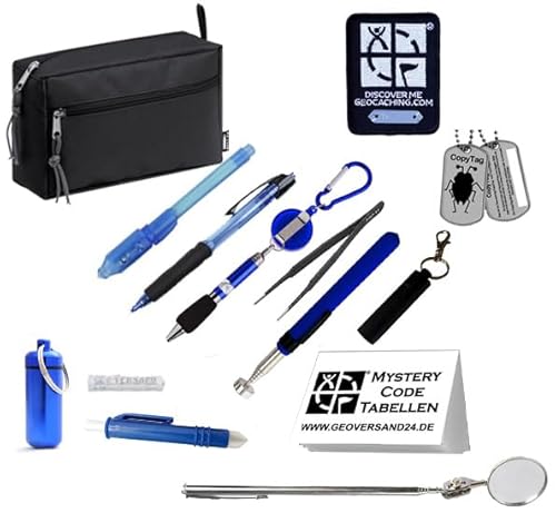 Geocaching Anfänger Set mit wasserabweisender Tasche, Magnetheber, Pinzette, Zeckenzange, Mysteryplaner, Teleskop-Spiegel und Uv-Stift
