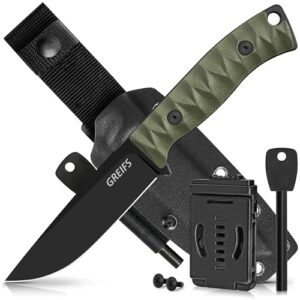 GREIFS Outdoor-Messer aus D2 Stahl mit Kydex Holster und Feuerstahl, edles Survival Messer für die Bushcraft Ausrüstung, Jagdmesser, Schnitzmesser, Fahrtenmesser (Ranger/Olivgrün)