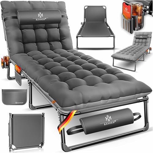 Camping-Bett, Feldbett, klappbar, Oxford-Gewebe, stabiles Stahlgerüst, Sonnenliege für Camping, Tragetasche, Nackenkissen, Seitentasche und Getränkehalter