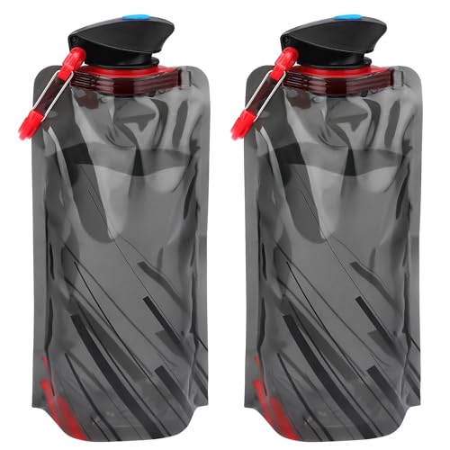 Zwei wiederverwendbare Faltbaren Trinkflaschen mit einem Volumen von jeweils 700 ml, aus BPA-freiem PE-Kunststoff gefertigt und ungiftig. Ideal für Outdoor-Aktivitäten wie Camping, Wandern oder Radfahren.
