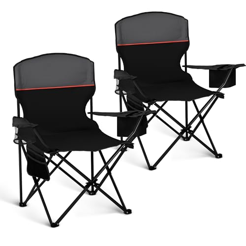 Campingstuhl 2er Set, Klappstuhl bis 120 kg, Camping Sessel mit Getränkehaltern, Faltstuhl, Camping Angelstuhl, Klappbar mit Armlehnen, Outdoorstuhl, Schwarz