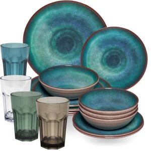 Melamin Geschirr Set Grün für 4 Personen, mit farblich passenden Trinkgläsern aus Acryl - Camping-Geschirr, Tafelgeschirr, moderne Melamingeschirr-Sets