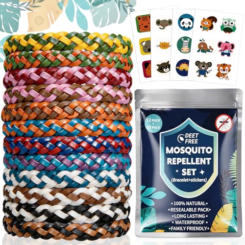 Mückenschutz Armband Set mit 12 Mückenarmbändern und 60 Mückenpflastern für Reisen, Strandbesuche und Camping