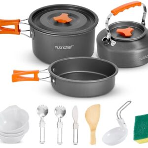 Camping-Kochgeschirr-Set von NutriChef, 10 Teile, Aluminiumtopf, Pfanne, Kessel, Besteck und Reinigungszubehör für Outdoor-Kochen, Wandern, Picknick