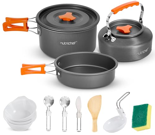 Camping-Kochgeschirr-Set von NutriChef, 10 Teile, Aluminiumtopf, Pfanne, Kessel, Besteck und Reinigungszubehör für Outdoor-Kochen, Wandern, Picknick