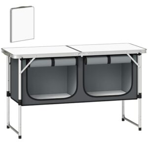 Faltbare Campingküche mit Aluminiumgestell, 120 cm Arbeitsplatz, Reiseküche für Outdoor-Aktivitäten und Campingreisen. Silberfarbener Stauraum und rutschfeste Füße.