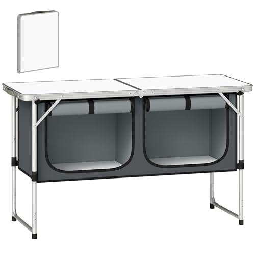 Faltbare Campingküche mit Aluminiumgestell, 120 cm Arbeitsplatz, Reiseküche für Outdoor-Aktivitäten und Campingreisen. Silberfarbener Stauraum und rutschfeste Füße.
