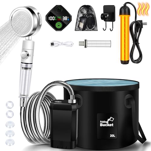 Portables Camping-Duscheset mit Heizgerät und Filterkartuschen für warmes Wasser bei outdoor-Aktivitäten
