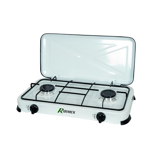 RIBIMEX PRF350 Gaskocher mit zwei Flammen und Deckeln, weißes Metall, ideal für sichereren und effizienten Kochen im Haushalt