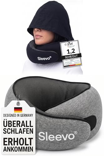 Ergonomisches Reisekissen für Flugzeug, Zug und Auto - Sleevo Pro Nackenkissen mit Kapuze und Memory Foam, ideal für Langstreckenflüge, Zugfahrten oder als Beifahrer im Auto