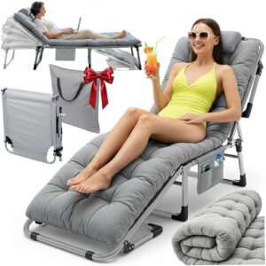 Ergonomische klappbare Gartenliege mit Matratze und Kissen, 5-stufig verstellbar, für Schlaf und Entspannung, ideal für Camping, Garten und Gäste, Grau