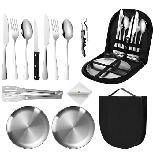 Camping-Geschirr-Set 2 Personen - Edelstahl Outdoor-Geschirr für Camping und Picknick, Silberfarbe, tragbar und leicht zu verstauen