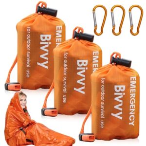 Drei orangefarbene Notfallschlafsäcke mit Signalpfeife und Karabiner für Outdoor-Abenteurer, Wasserdicht und Ultraleicht