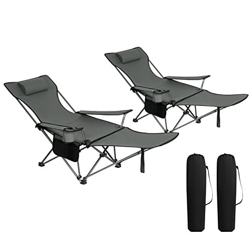 Campingstuhl 2er Set Faltbar mit Fußablage, 2-in-1 Strandstuhl klappbar, Angelstuhl Camping Klappstuhl mit Getränkehalter Aufbewahrungstasche für Camping Strand Angeln