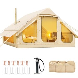 Aufblasbares Zelt für Camping Outdoor mit Luftpumpe und Kaminöffnung, Wasserdichter Oxford-Stoff für 4-6 Personen