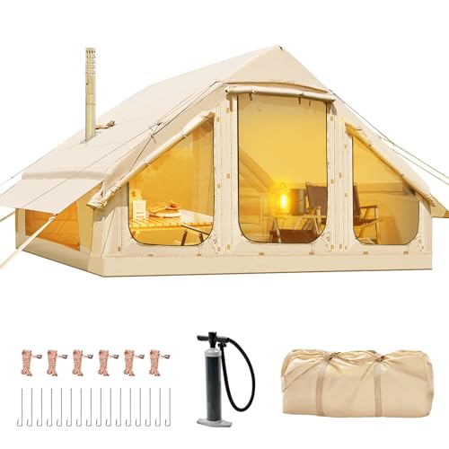 Aufblasbares Zelt für Camping Outdoor mit Luftpumpe und Kaminöffnung, Wasserdichter Oxford-Stoff für 4-6 Personen
