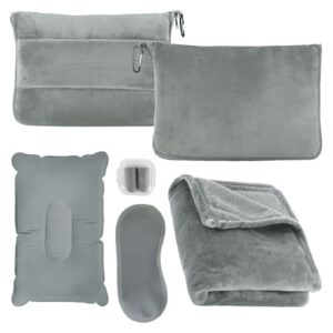3 in 1 Reisedecke mit aufblasbarem Kissen, Ultraleichte Flugzeugdecke und Reise Set, inkl. Augenmaske und Ohrstöpsel, Tragbare Decke für Reisen mit Tasche und Gepäckhülle