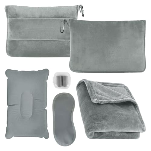 3 in 1 Reisedecke mit aufblasbarem Kissen, Ultraleichte Flugzeugdecke und Reise Set, inkl. Augenmaske und Ohrstöpsel, Tragbare Decke für Reisen mit Tasche und Gepäckhülle
