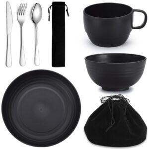 Wiederverwendbares Besteck-Sets mit Messer, Gabel, Löffel, Tassen und Teller und Schüsseln für Reisen, leicht zu reinigen, spülmaschinenfest.