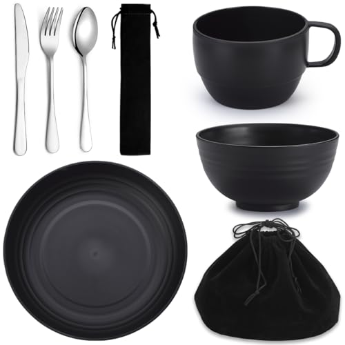 Wiederverwendbares Besteck-Sets mit Messer, Gabel, Löffel, Tassen und Teller und Schüsseln für Reisen, leicht zu reinigen, spülmaschinenfest.