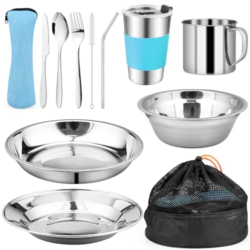 Das Campingbesteck Set besteht aus 10 Stuecken Edelstahl-Besteck, einschliesslich Teller, Schüssel, Tasse, Gabel und Löffel. Der perfekte Begleiter fuer jede Outdoor-Aktivität.