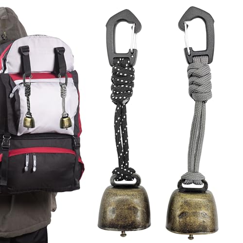 Zwei kleine metallische Bärenglocken mit Haken und Handwebband, ideal für Outdoor-Wanderungen, Rucksack-Anhänger und Tierhalterung.