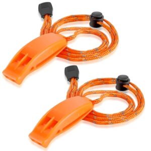 Zwei orange Notfallpfeifen mit schwarzen Griffen, verbunden mit orangenen Lanyards und schwarzen Verbindungen. Die Pfeifen sind für Kajakfahren, Bootfahren, Schwimmen oder Überleben im Wasser geeignet.