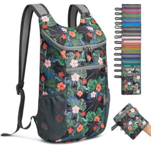 Faltbarer Rucksack, leichter Tagesrucksack, blauer Florikram im schwarzen Hintergrund