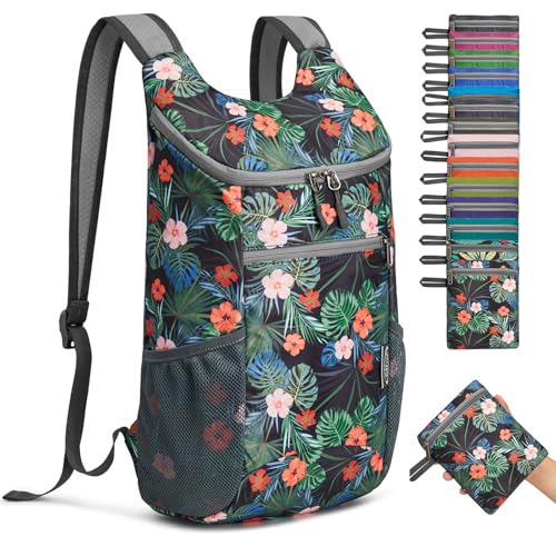 Faltbarer Rucksack, leichter Tagesrucksack, blauer Florikram im schwarzen Hintergrund