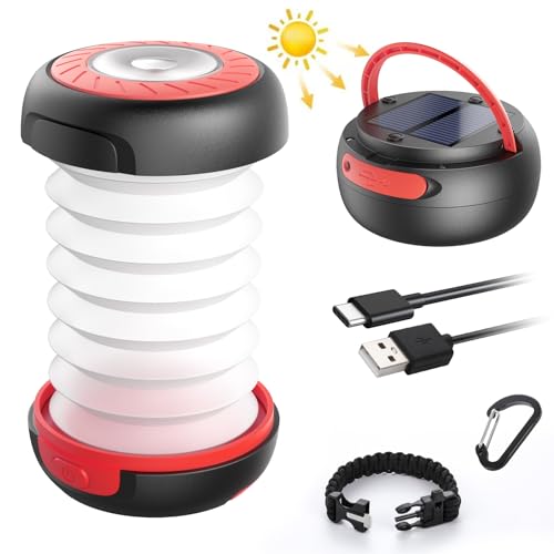 GlobaLink LED Campinglampe Faltbare Solar Camping Laterne Energienbank mit 2 Lademethoden (Solar/USB C) und 3 Lichtmodi für Camping, Angeln, Notfall - inkl. Survival Armband mit Pfeife(Rot)