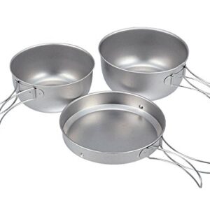 Titanium Kochset Snow Peak, 3 Teile, 2 Töpfe und 1 Bratpfanne mit klappbaren Griffen, platzsparend stapelbar, inklusive Netztragetasche für Outdoor-Aktivitäten