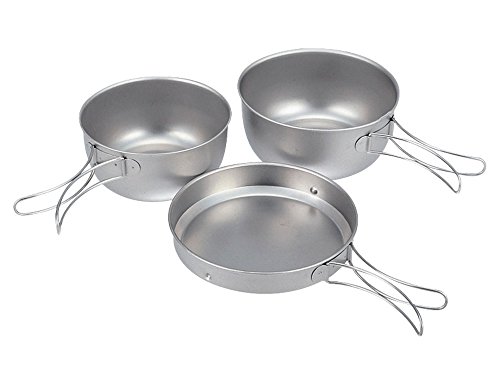 Titanium Kochset Snow Peak, 3 Teile, 2 Töpfe und 1 Bratpfanne mit klappbaren Griffen, platzsparend stapelbar, inklusive Netztragetasche für Outdoor-Aktivitäten