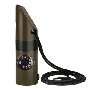 Multifunktionales Überlebenswerkzeug für Camping und Wandern, 7-in-1-Notfallpfeife mit Kompass, Thermometer, LED-Taschenlampe, Lupe, Reflektoren und Lanyard