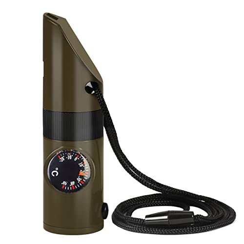 Multifunktionales Überlebenswerkzeug für Camping und Wandern, 7-in-1-Notfallpfeife mit Kompass, Thermometer, LED-Taschenlampe, Lupe, Reflektoren und Lanyard