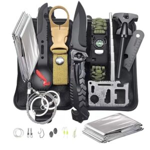 Survival Kit 13-in-1 - Outdoor Notfall Ausrüstung Set mit Klappmesser, Taschenlampe & Feuerstarter. Geschenk für Männer, Vater, Freund – Camping, Wandern, Abenteuer.