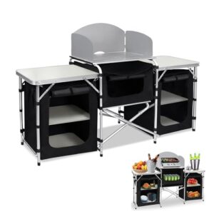 Campingküche, faltbarer Campingschrank, einstellbare Reiseküche mit Aluminiumgestell für Outdoor-Kochmöglichkeiten und Lagerung von Utensilien.