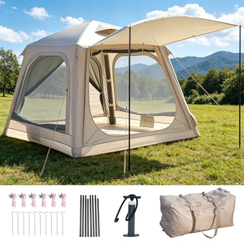 Aufblasbares Zelt für Camping, Outdoor-Zelt für 2-4 Personen mit Luftpumpe, Kaminöffnung. Wasserdichter Oxford-Stoff. Ideal für 4 Jahreszeiten.